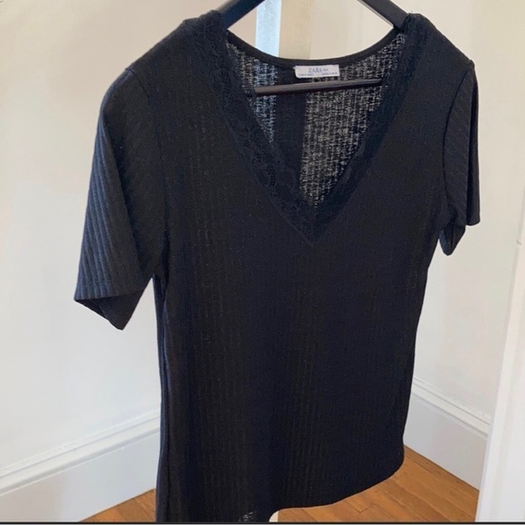 ZARA Black Lace Trimmed Ribbed Knit Short Sleeve Tee Med - Picture 5 of 9